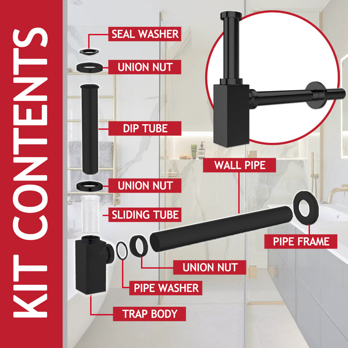 Square Bottle Sink Basin Trap 40mm / 1.5" Luxury Brass Adjustable Deodorant Waste Pipe Outlet (Matt Black)