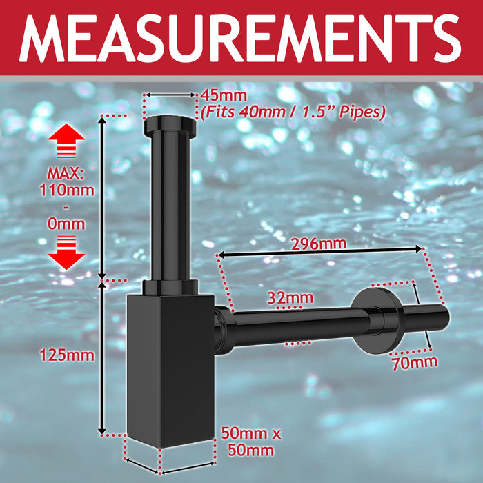 Square Bottle Sink Basin Trap 40mm / 1.5" Luxury Brass Adjustable Deodorant Waste Pipe Outlet (Matt Black)