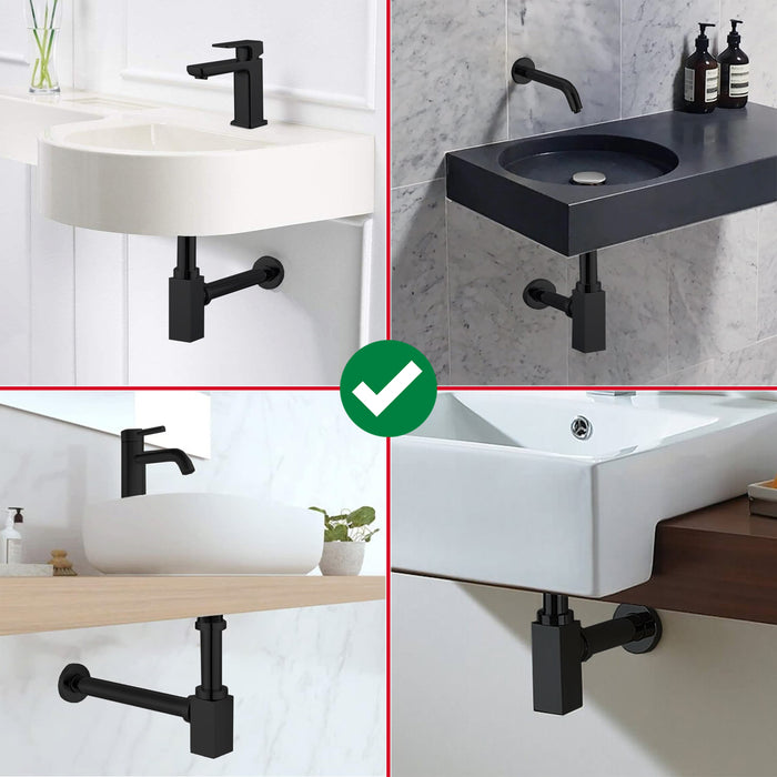 Square Bottle Sink Basin Trap 40mm / 1.5" Luxury Brass Adjustable Deodorant Waste Pipe Outlet (Matt Black)
