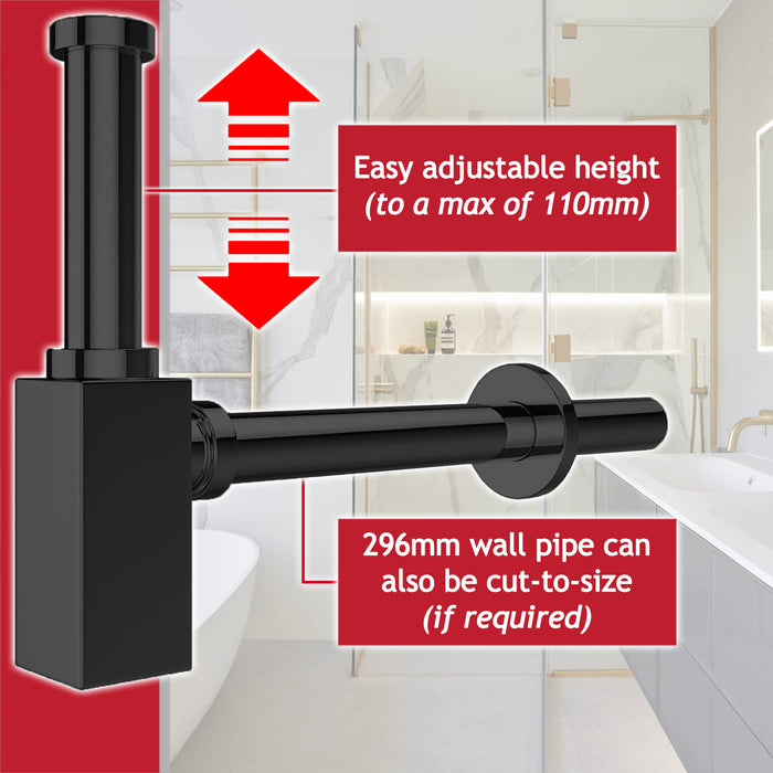 Square Bottle Sink Basin Trap 40mm / 1.5" Luxury Brass Adjustable Deodorant Waste Pipe Outlet (Matt Black)