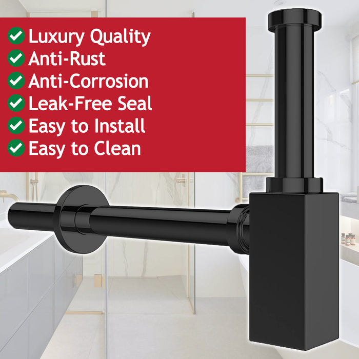 Square Bottle Sink Basin Trap 40mm / 1.5" Luxury Brass Adjustable Deodorant Waste Pipe Outlet (Matt Black)