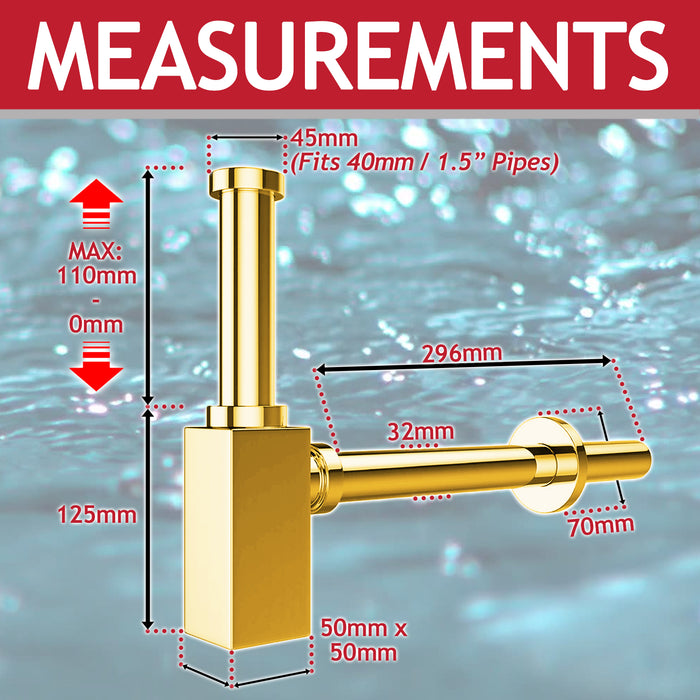 Square Bottle Sink Basin Trap 40mm / 1.5" Luxury Brass Adjustable Deodorant Waste Pipe Outlet (Gold)