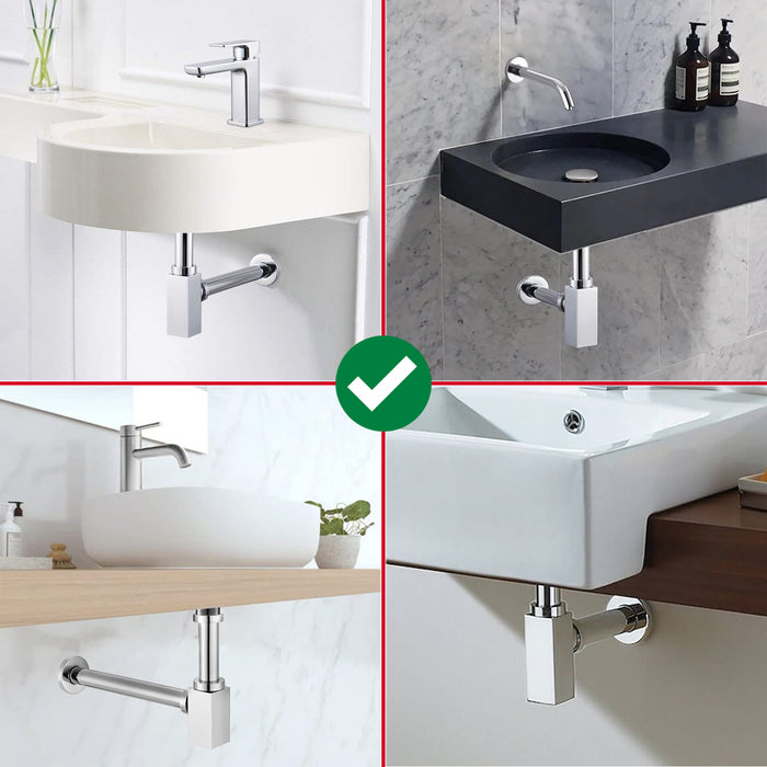 Square Bottle Sink Basin Trap 40mm / 1.5" Luxury Brass Adjustable Deodorant Waste Pipe Outlet (Chrome Silver)