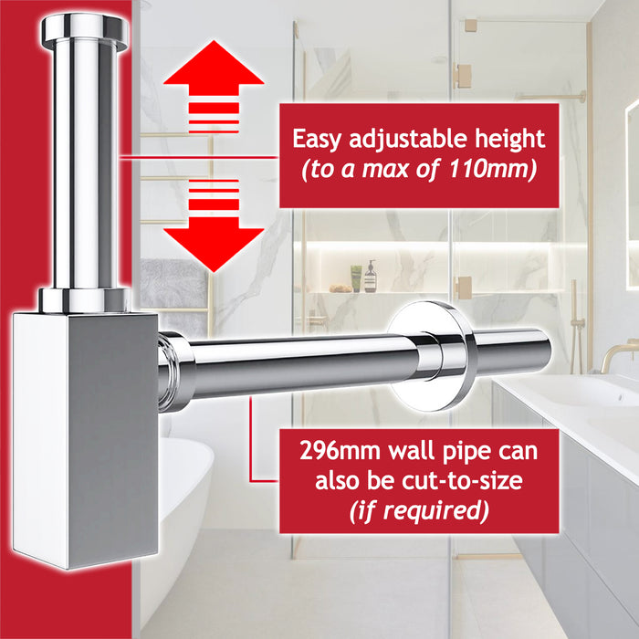 Square Bottle Sink Basin Trap 40mm / 1.5" Luxury Brass Adjustable Deodorant Waste Pipe Outlet (Chrome Silver)