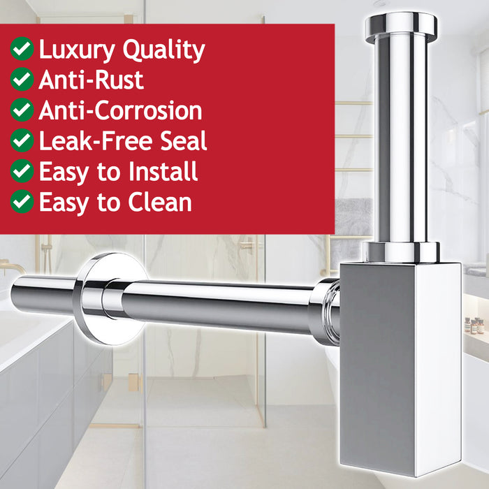 Square Bottle Sink Basin Trap 40mm / 1.5" Luxury Brass Adjustable Deodorant Waste Pipe Outlet (Chrome Silver)