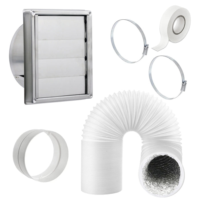 Universal Square Exterior Wall Outlet Kit with Gravity Flaps & Extension Hose for Vented Tumble Dryer Air Conditioning Cooker Hood (5" x 3m, Stainless Steel)