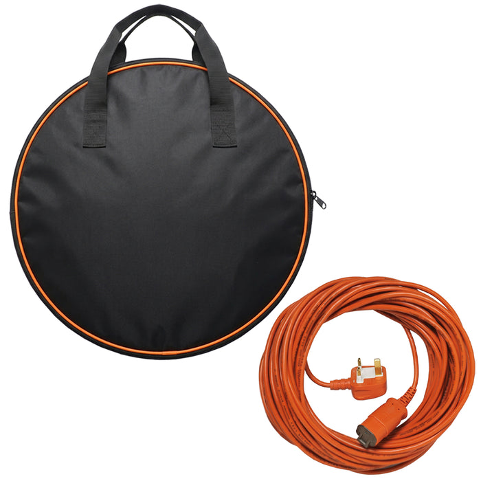 Cable for Flymo Lawnmower Hedge Trimmer Metre Lead Plug (Orange, 15m) + Storage Bag