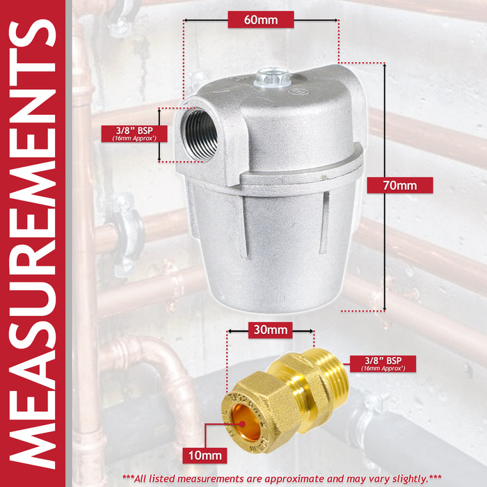 Boiler Filter 3/8" Aluminium Inline Central Heating Oil Fired Fuel Strainer Bowl + 2 x 10mm Compression Connectors