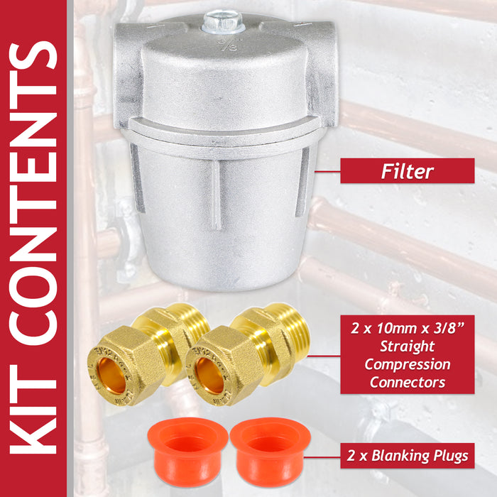 Boiler Filter 3/8" Aluminium Inline Central Heating Oil Fired Fuel Strainer Bowl + 2 x 10mm Compression Connectors