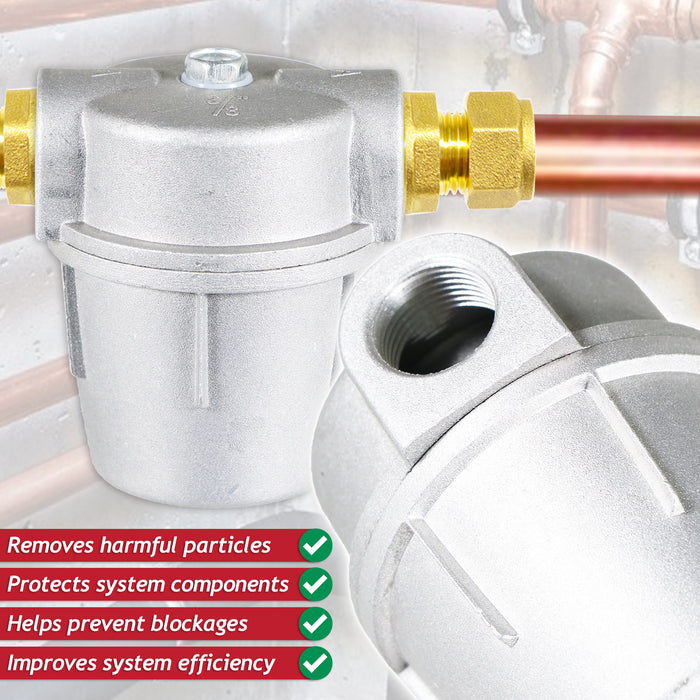 Boiler Filter 3/8" Aluminium Inline Central Heating Oil Fired Fuel Strainer Bowl + 2 x 10mm Compression Connectors