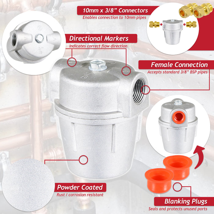 Boiler Filter 3/8" Aluminium Inline Central Heating Oil Fired Fuel Strainer Bowl + 2 x 10mm Compression Connectors