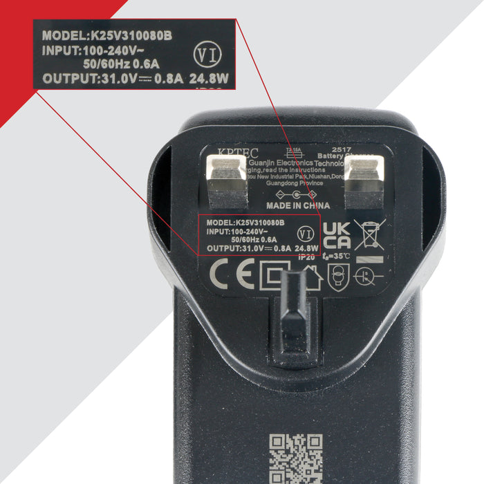 SPARES2GO 31v 0.8a Cleaner Charger for Hoover H-Free Series Cordless Vacuum UK Plug 48700622 K25V310080B for HF4 series HF4P10H 011 HF410P 001