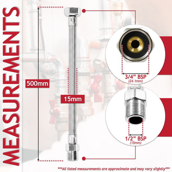 Flexible Braided Hose Pipe Washing Machine Dishwasher Toilet Cistern Stainless Steel Connector (3/4" Female x 1/2" Male, 500mm)