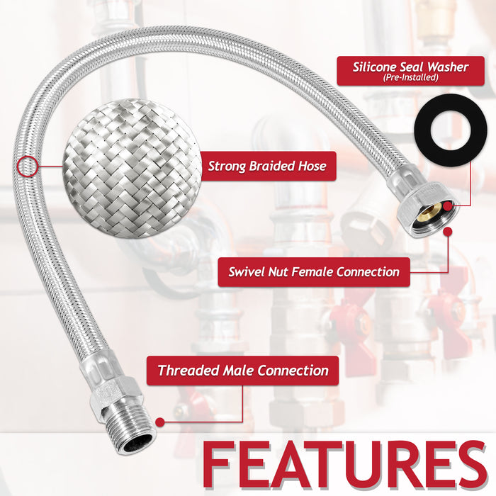 Flexible Braided Hose Pipe Washing Machine Dishwasher Toilet Cistern Stainless Steel Connector (3/4" Female x 1/2" Male, 500mm)