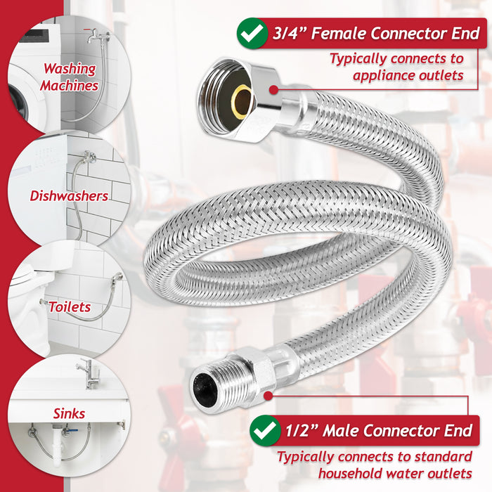 Flexible Braided Hose Pipe Washing Machine Dishwasher Toilet Cistern Stainless Steel Connector (3/4" Female x 1/2" Male, 500mm)