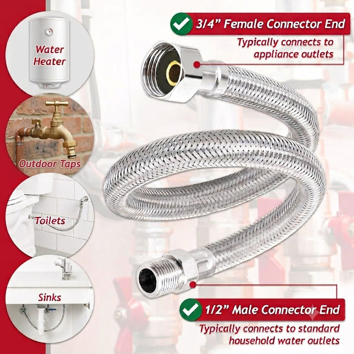 Flexible Braided Hose Pipe Sink Basin Heater Toilet Cistern Stainless Steel Connector (3/4" Female x 1/2" Male, 500mm)