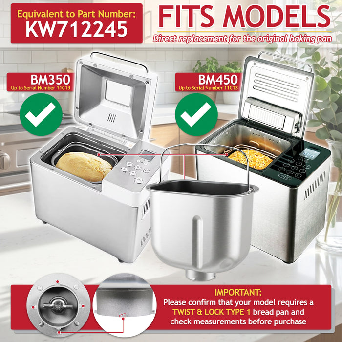 Bread Pan for Kenwood BM350 BM450 Breadmaker Twist & Lock Type 1 Baking Tin Bucket (KW712245)