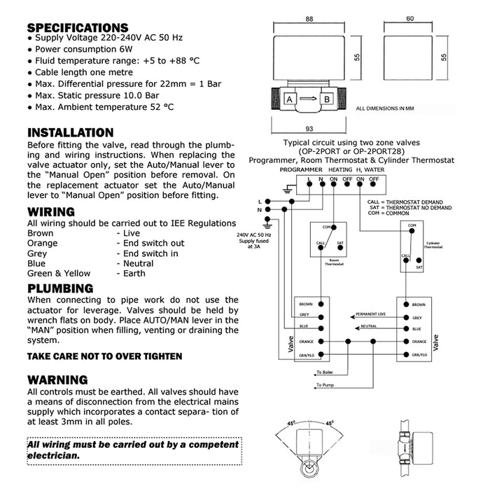 Optimum 22mm Zone Valve 2 Port Motorised 5 Wire Central Heating / Boiler System Control
