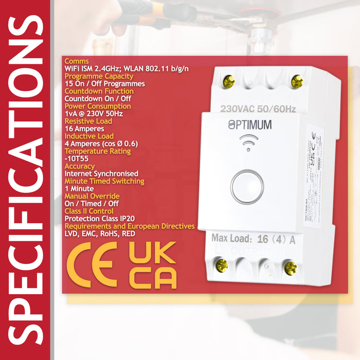 Optimum Wi-Fi DIN Rail Time Switch 230V 50Hz 16(4)A Programmable Timer (OP-DRWF01)