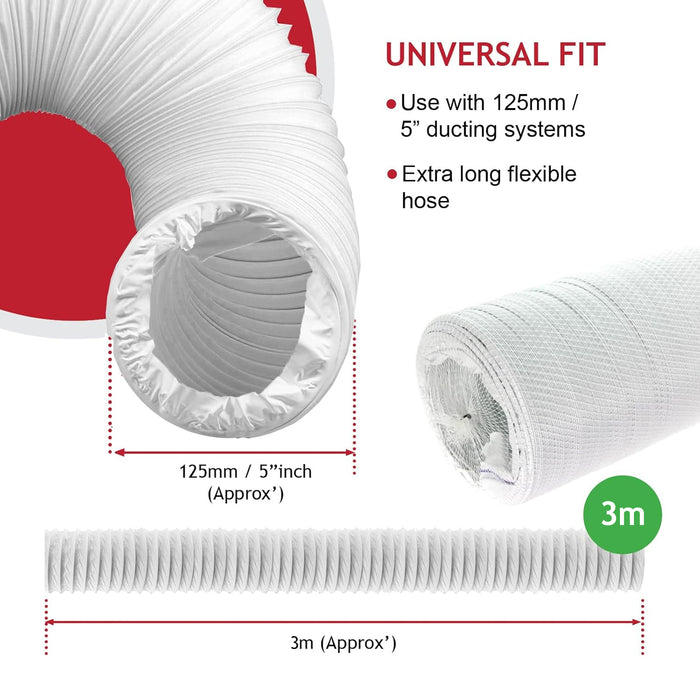 Cooker Hood Vent Hose 3 Metre 5" 5.9" Duct Pipe Extension Threaded Coupler Connector Ring Kit