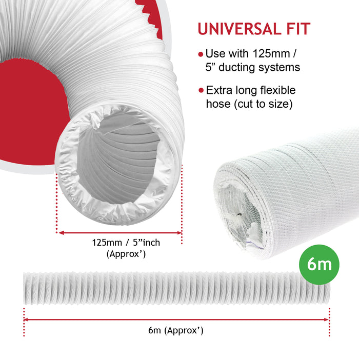 Hose for Daewoo Air Con Conditioner Pipe Vent Extension Kit PVC 6m 5" 125mm