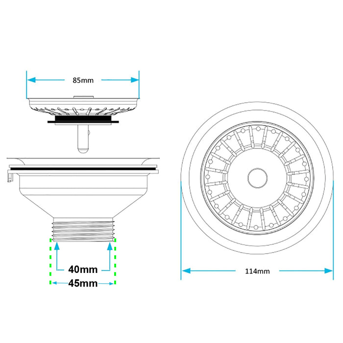 Sink Strainer Basket Waste Drain Plug Chrome Plated Stainless Steel Kitchen Bathroom Basin (40mm, 1 1/2")