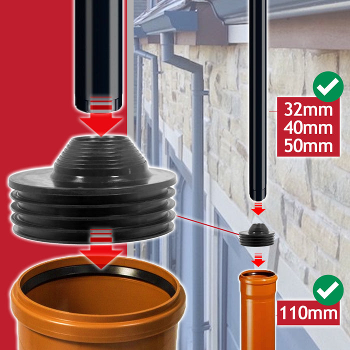 110mm Waste Reducer 32mm 40mm 50mm Push Fit Soil Pipe Drainage System Adaptor (Black)