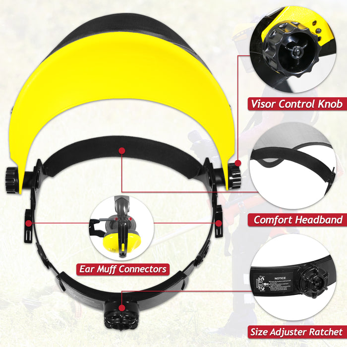 Face Shield Ear Muffs Safety Kit Adjustable Mesh Visor Eyes Ears Protection PPE Set (One Size Fits All)