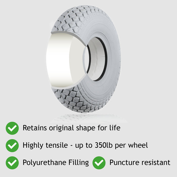 Mobility Scooter Tyre 4.00 x 5 Solid Block Tread 4.00-5 400x5 Grey No Puncture (2 pack)