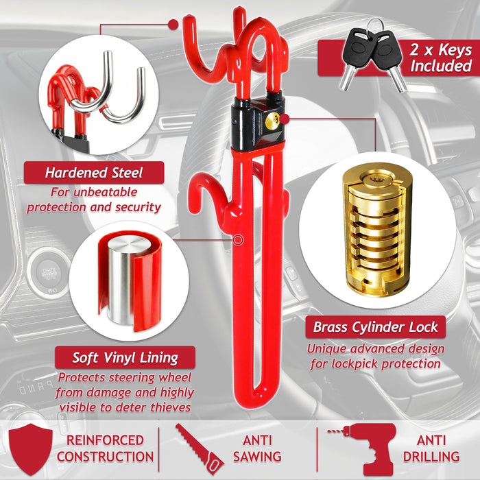 Universal Steering Wheel Lock Adjustable Extendable Anti Theft Car Security Twin Ratchet Bar (with 2 Keys)