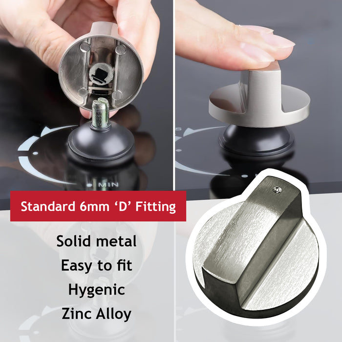 UNIVERSAL Metal Oven Knob Switch Silver Cooktop Stove Hob 6mm D Replacement x 2