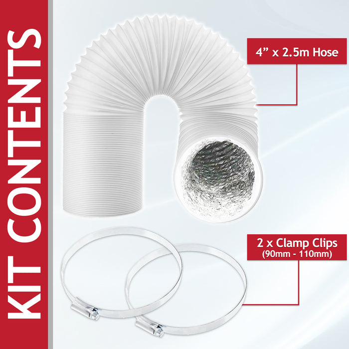 Universal Tumble Dryer Vent Hose 4" x 2.5m PVC Aluminium Foil Insulated Duct Outlet Pipe + Clamp Clips