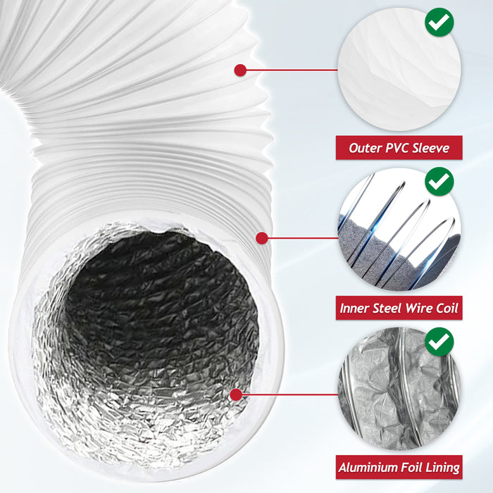 Vent Hose for Daewoo Air Con 5" 2.5m Insulated PVC Aluminium AC Pipe + Clips