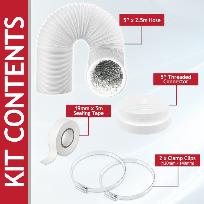 Universal Insulated Vent Hose Flexible PVC Aluminium Foil Lined Duct Outlet Pipe Connector Kit (5" x 2.5m)