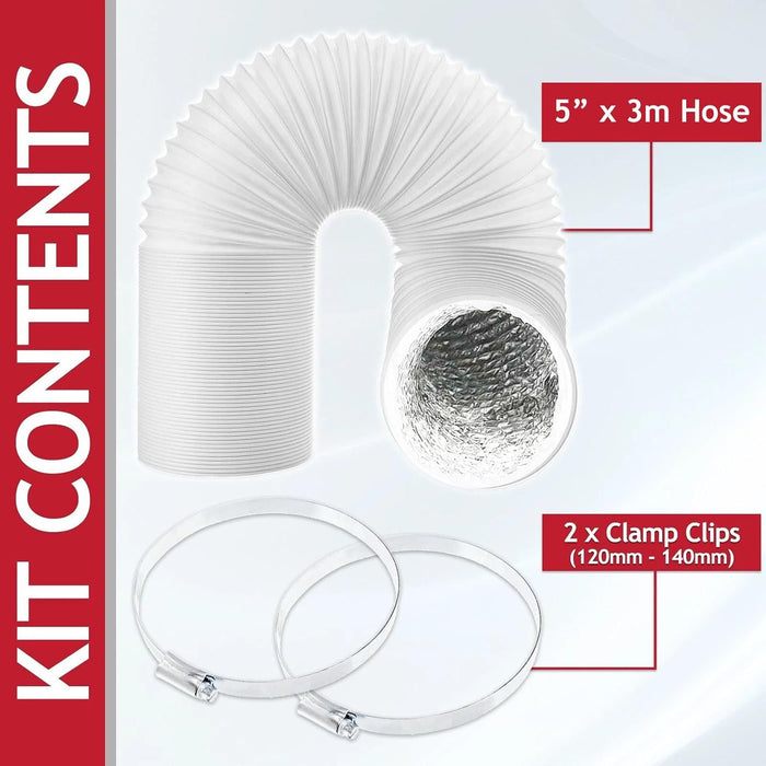 Portable Air Conditioner Hose Universal Insulated Round Flexible AC Pipe Extension + Clips (3 metres, 5" / 125mm)
