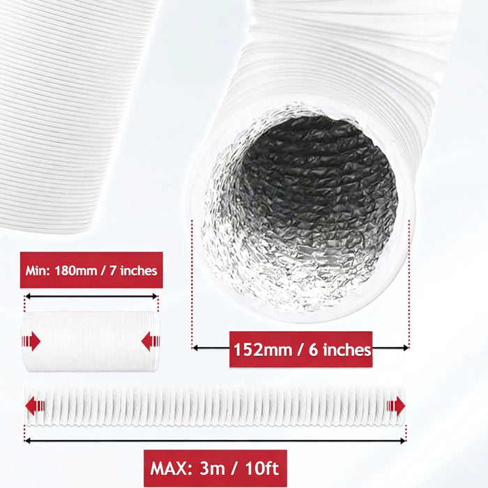 AC Duct Hose for Bush Air Con 6" Aluminium Foil Insulated PVC Flexible Vent Pipe 152mm 3 Metre + Clips x 2