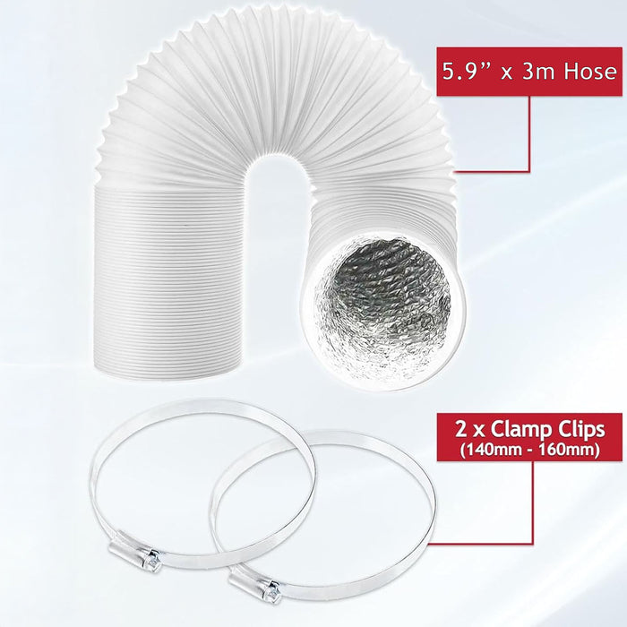 Vent Hose for Electriq Air Con Conditioner AC 5.9" 3m Insulated Pipe Clips