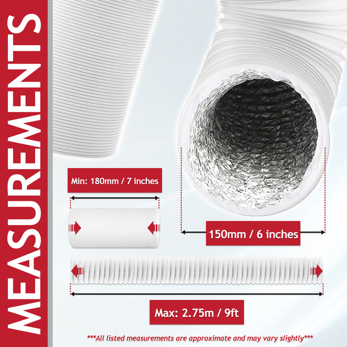 Vent Hose for Daewoo Air Con PVC Aluminium Foil Insulated Portable Air Conditioner Duct Outlet Pipe (6" x 2.5m)