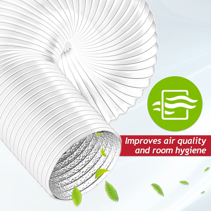 Air Conditioning Duct Hose PVC Flexible Vent Pipe Universal (6" x 3 Metres, White) + Steel Screw Pipe Clips x 2