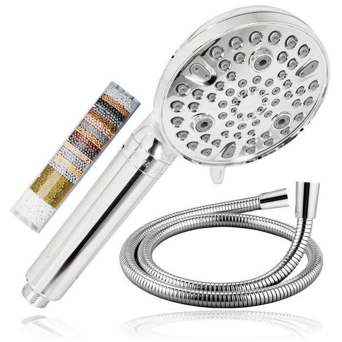Shower Head with Filter and Hose Kit Multi Function 9 Power Modes Massage Mist Chrome