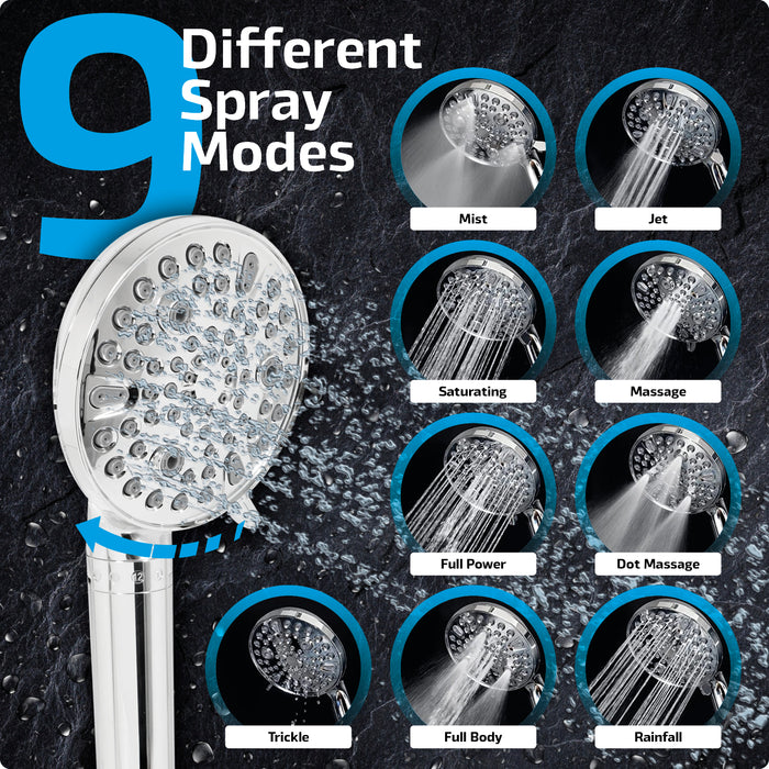 Universal Shower Head and Filter Multi Function 9 Power Modes Massage Mist Chrome