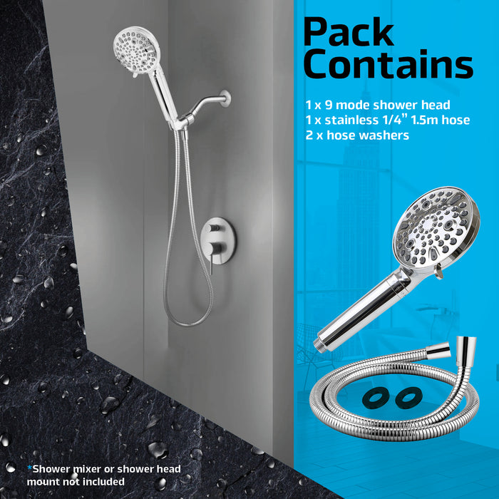 Universal Shower Head and Filter Multi Function 9 Power Modes Massage Mist Chrome