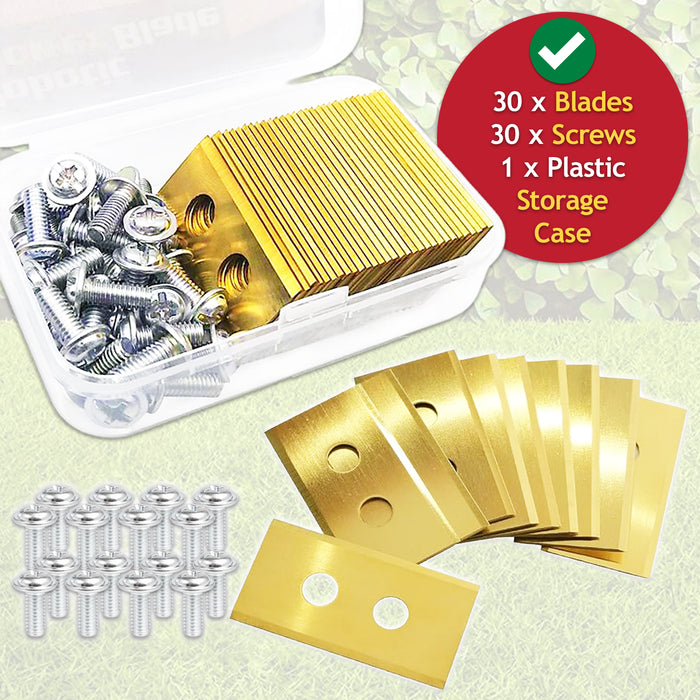 Blades for LandXcape LX757 LX772 LX790 LX796 LX799 Robot Lawnmower Titanium Coated (Pack of 30 + Screws + Case)