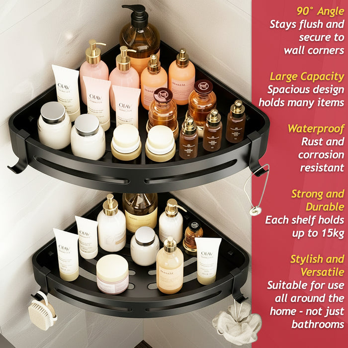 Luxury Shower Corner Shelf Storage Rack Bathroom Kitchen Bedroom Caddy Organiser (Matt Black, Pack of 2)