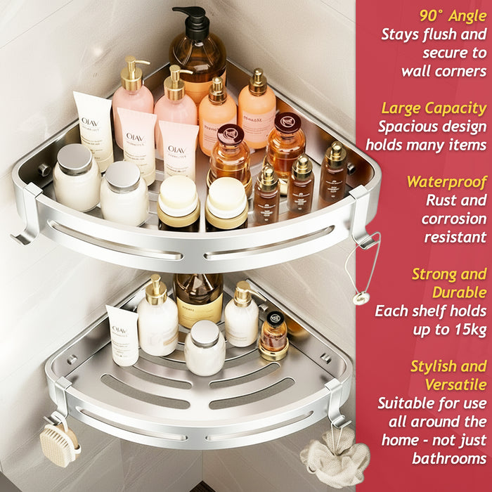 Luxury Shower Corner Shelf Storage Rack Bathroom Kitchen Bedroom Caddy Organiser (Brushed Silver)