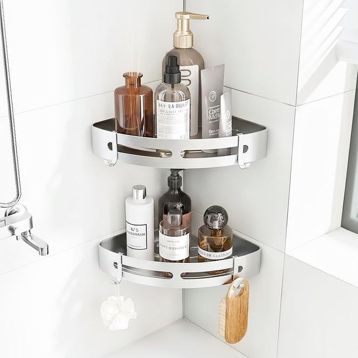 Luxury Shower Corner Shelf Storage Rack Bathroom Kitchen Bedroom Caddy Organiser (Brushed Silver, Pack of 2)