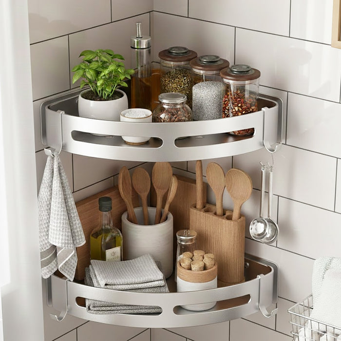 Luxury Shower Corner Shelf Storage Rack Bathroom Kitchen Bedroom Caddy Organiser (Brushed Silver, Pack of 2)
