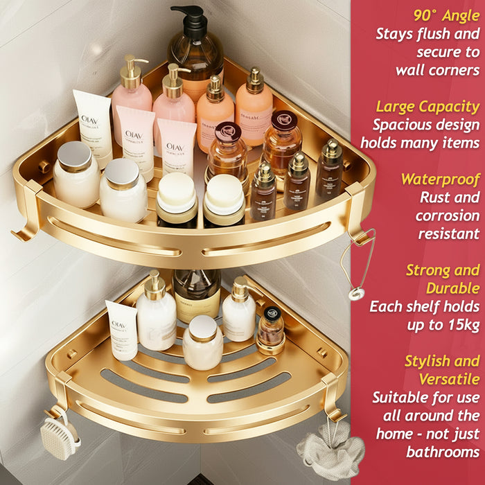 Luxury Shower Corner Shelf Storage Rack Bathroom Kitchen Bedroom Caddy Organiser (Brushed Gold)