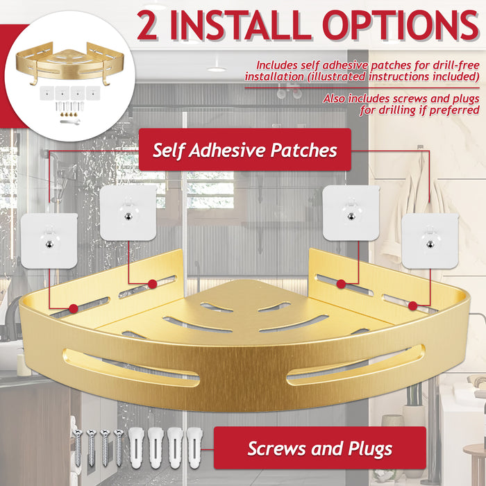 Luxury Shower Corner Shelf Storage Rack Bathroom Kitchen Bedroom Caddy Organiser (Brushed Gold, Pack of 2)