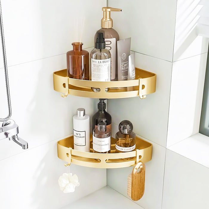 Luxury Shower Corner Shelf Storage Rack Bathroom Kitchen Bedroom Caddy Organiser (Brushed Gold, Pack of 2)